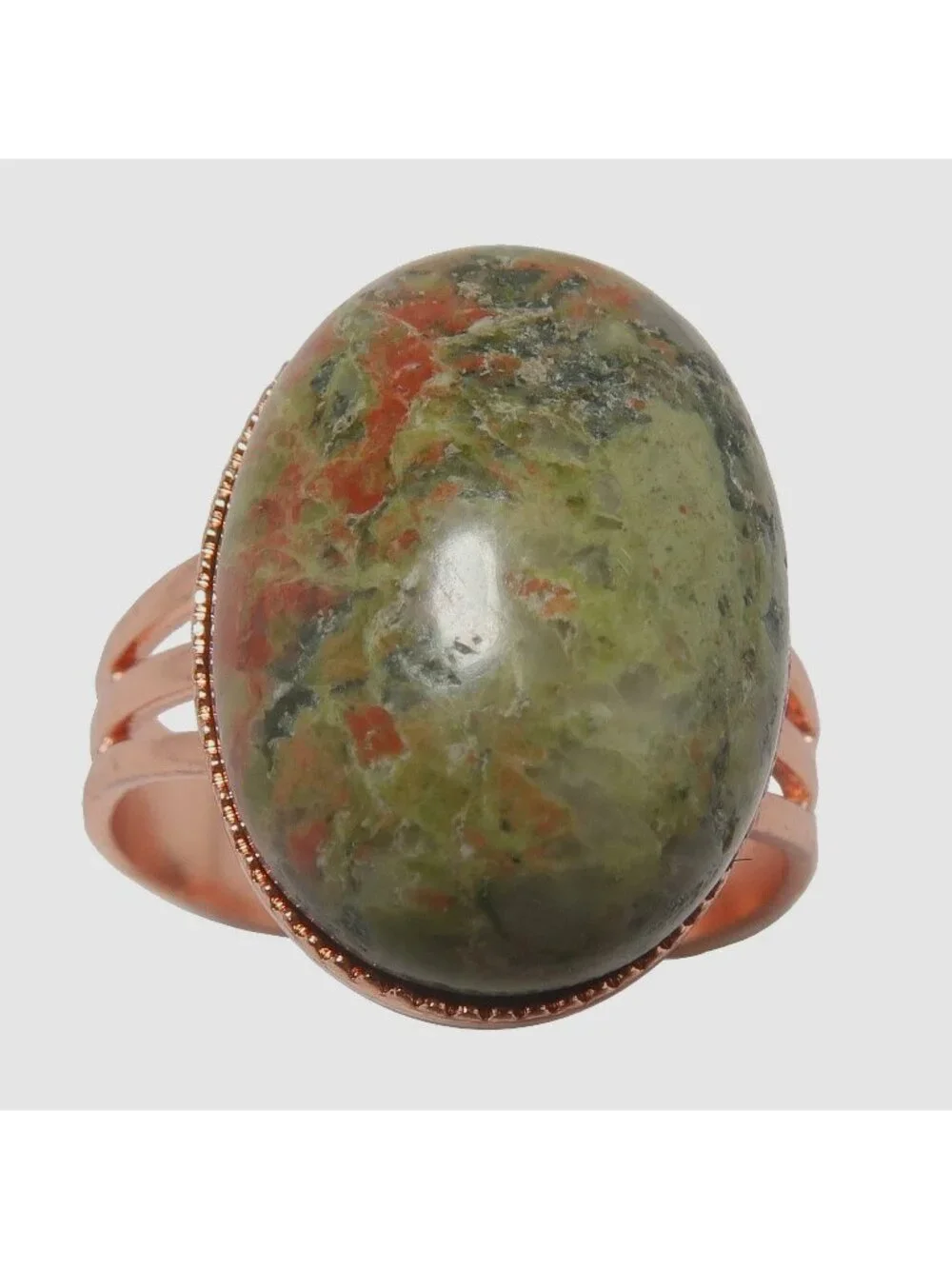 Unakite Ring Mighty Oak Green Pink Oval Crystal Copper Adjustable Size 4 to 10